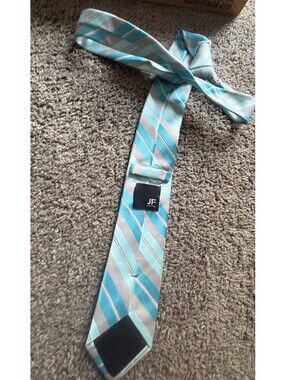 JF J.Ferrar Mens Necktie Light Blue Turquoise Silver Grey Striped Dress Tie